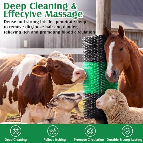 3 Pack Livestock Scratching Brush, Green and Black | Animal Scratcher, Itch Relief Grooming, Horse Goat Cow Scratcher, Fence Post Mounting, Durable Bristles, Farm Livestock Care - color: Green and Black