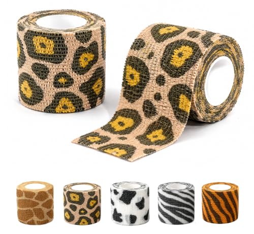 Premium Pet Vet Wrap — Non-Stick to Fur Self Adherent Bandage Wrap for Dogs, Cats & Horses, Breathable Cohesive Tape for Wounds, Paws & Legs, Animal Print Design - Pack of 2 - color: Leopard Print