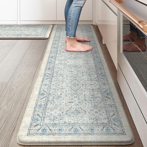 KIMODE Anti Fatigue Kitchen Mat, Boho Distressed Kitchen Rugs Sets of 2 | Kitchen Mats for Floor Cushioned Non Slip, Comfort Kitchen Floor Mats for Sink, Laundry, Desk Blue 17"x59"+17"x29" - color: Blue, size: 17.3" x 59"+17.3" x 29"--0.47 inches