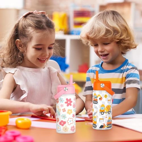 SANDJEST Kids Water Bottle Stainless Steel with Straw Lid, Floral Water Bottle 12oz, Travel Tumbler, Gifts for Girls, Birthday, Christmas, Back To School - color: Floral 1