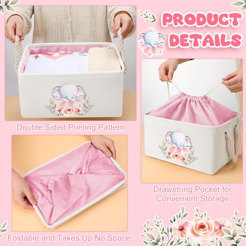 Pickmesh Baby Shower Storage Basket with Gift Bags Rectangular Ribbons Collapsible Canvas Storage Bin with Handles for Diaper Organizing Toy Home DIY Gift Basket, 13 x 9. 1 x 7. 1 Inch(Pink Elephant) - style: Pink Elephant