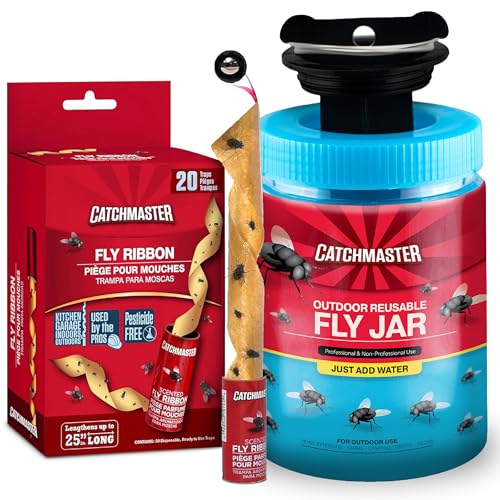 Catchmaster Fly Trap Bundle, Fly Ribbon 20-Pack & Outdoor Fly Jar, for Garage, Backyard, Pool, Patio & Camping