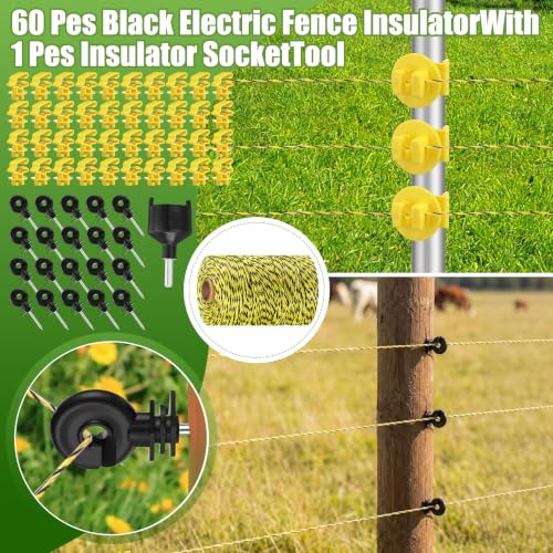 Electric Fence Kit, 0.25j Charger 656ft Wire 60 Insulators | 5 Mile 110V Plug in Electric Fence, Polywire for Livestock Horse Cattle Poultry, T Post Screw Insulators, Farm Pasture - size: 656FT, style: 0.25J