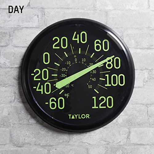 Taylor Glow in the Dark Wall Indoor Outdoor Thermometer, Wireless Thermometer with Easy to Read Numbers for Patio, Pool, and Indoor Areas, 13.25-inch, Black