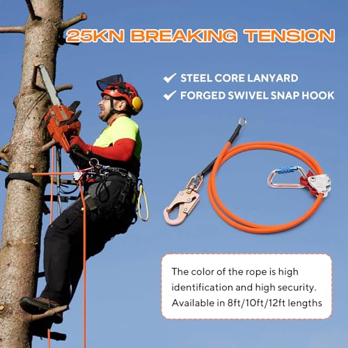 12ft Steel Wire Core Flipline, 3300Lbs Arborist Positioning Lanyard Kit | 1/2" Tree Climbing Gear with Triple Lock Carabiner, Steel Swivel Snap & Rope Grab for Tree Climbing Fall Protection - size: 1/2’’ x 12 ft