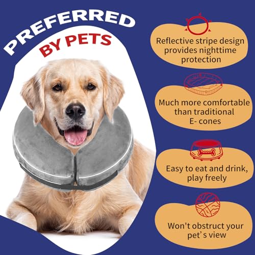 Inflatable Reflective Dog Cone Collar Alternative After Surgery,Doggie Recovery Dount Neck Ecollar,Adjustable Soft Dog Cone Collar for Small Medium Large Dogs (Grey, XL) - color: Grey, size: X-Large（15.5"-18.5"）