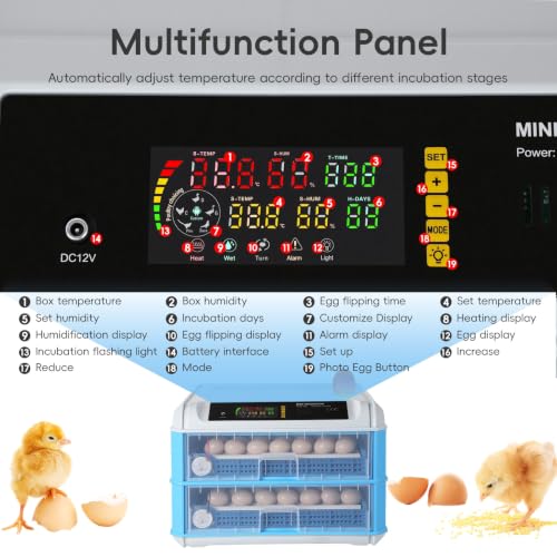 120 Egg Incubators for Hatching Eggs Large Automatic Poultry Hatcher Machine with Automatic Egg Turning Temperature Control Dual Power Supply Smart Digital Incubator for Chicken Duck Goose Quail Blue