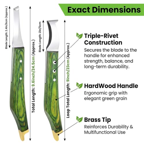 Premium Loop & Hoof Knife Set with Brass End, 9 Inch | Razor sharp stainless steel blades, ergonomic non-slip grip, hoof trimming for horses, cows, goats, sheep & livestock (Green) - color: Multi