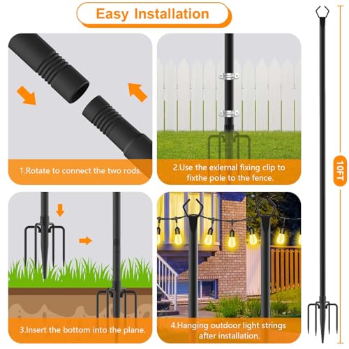 LETIANPAI 4 Pack String Light Poles,10 Ft Light Poles for Outside String Lights,Outdoor Lights Pole with Fork,Metal Poles Stand for Patio Deck Backyard - size: 4 Pack 10FT