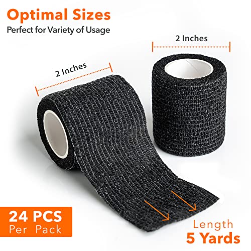 Latex Free Self Adhesive Bandage Wrap 2 inch x 5 Yards - 24 PCS Black Non-Woven Elastic Bandage Wrap - Vet Wrap for Dogs