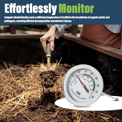Compost Thermometer Stainless Steel Dial - Ideal Composting Soil Thermometer with 50MM Diameter C and F Dial and 295MM Compost Temperature Gauge Probe