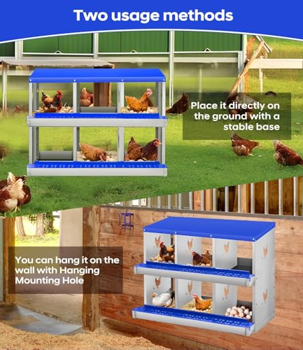 6 Compartment Chicken Nesting Box, Heavy Duty Metal Laying Box with Perch, Easy Assembly & Easy Clean for Outdoor Chicken Coop, Blue - color: Blue, size: 6 Compartment