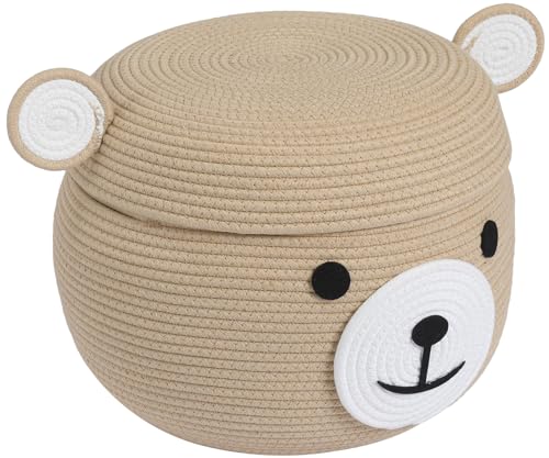 15x12 Inch Bear Hamper with Lid, Handcrafted Cotton Rope Animal Storage Basket, Woven Teddy Bear Bin for Kids Bedroom Playroom, Beige