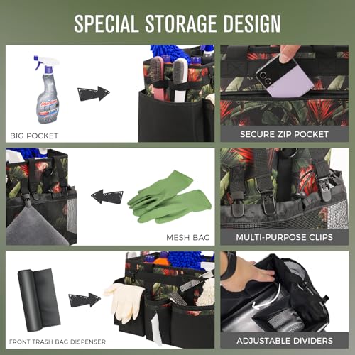 SCAVATA Wearable Cleaning Caddy, Cleaning Caddy Supplies Organizer with Handle & Shoulder Straps for Housekeepers, Under Sink & Car Cleaning Tool Organizers Bag with 4 Foldable Divider (GreenBush) - color: GreenBush