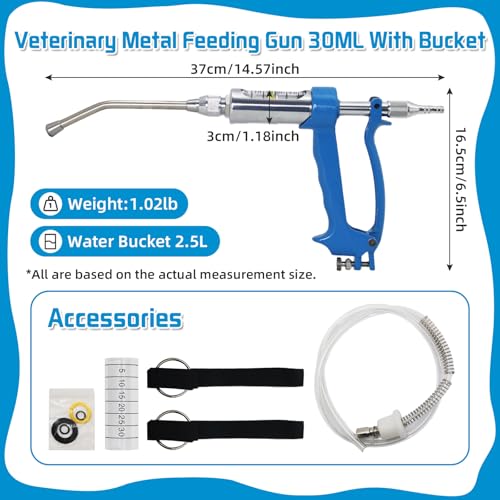 30ml Veterinary Drench Gun Adjustable Metal Oral Dosing Dispenser, Reusable Livestock Medicine Feeding Syringe, Durable Continuous Drenching Tool for Sheep, Cattle, Pig, Horse and Farm Animals (30ML)