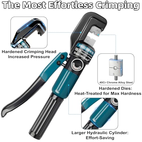 Hydraulic Crimping Tool for 1/8"-3/16" Cable Railing Kits, 10-Ton Crimper | 9 Hardened Dies, One-Hand Use, Hydraulic Crimper for Cable Railing Hardware, Wire & Battery Cable Crimping 12-2/0 AWG DC01 - color: Silver