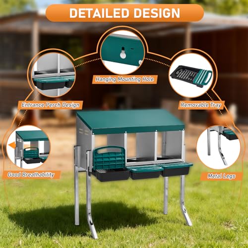Outvita Chicken Nesting Boxes, 3 Compartments Metal Nesting Boxes for Chickens with Metal Legs, Wall/Floor Mount for Laying Eggs with Swing Perch and Roll Away Egg Collection for Chicken Coop, Green