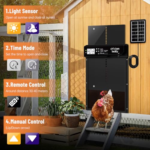 Automatic Chicken Coop Door Solar Powered Extra Large 10″ x 14.3 ″LCD Display Automatic Chicken Door with 4 Modes Timer & Light Sensor, Aluminum Alloy Chicken Door