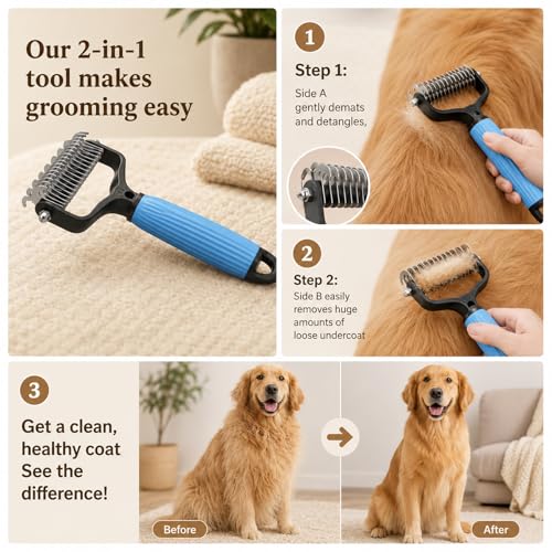 Pet Grooming Brush, Double-Sided Deshedding Dematting Tool for Dogs & Cats, Detangling Tool For Matted Fur, Ideal For Medium Or Long Haired Breeds (2Mix) - color: 2Mix
