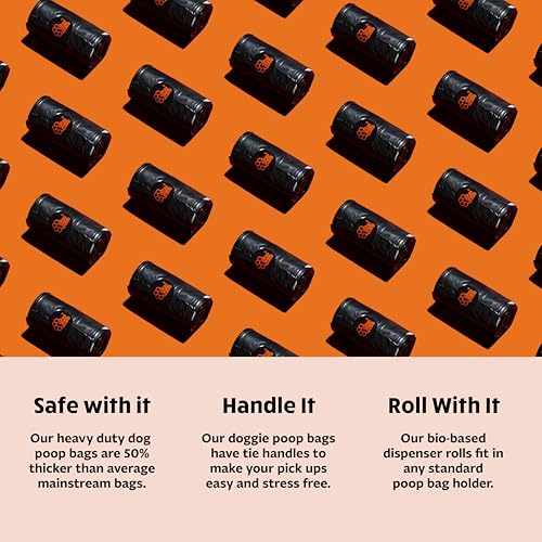 Tuff Pets Dog Poop Bags Rolls with Handles, Extra Thick Poop Bags for Dogs | 16 Rolls of Heavy Duty Doggie Poop Bags, Fits Any Standard Dispenser - style: Orange- Cornstarch