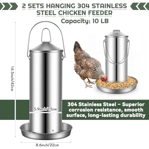Reallnaive 2 Pack 10 Lb/2 Gallon 304 Stainless Steel Chicken Feeder, Metal Hanging Poultry Feeder No Waste for Ducks, Hens, Heavy Duty Coop Feed Outdoor