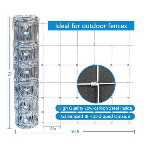 Farm Fence 3ft x 164ft Heavy Zinc Coating Cattle Fence,Galvanized Field Wire Fencing Deer Goat Hog Wire Fencing for Yard Livestock & Animals Protection - size: Silver 36inx164ft