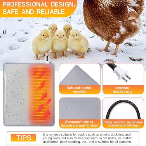 Remerry 2 Pcs Chicken Heated Pads 20 x 14 Inch Pet Heating Pad Small Animal Indoor Outdoor Heating Pad Adjustable Temperature Waterproof Heated Mat 30-Level Controller (25-60°c) with 10-Hour Timer