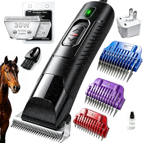 Professional Horse Clippers with Detachable Wide Blade | Low Noise, Heavy Duty, Grooming Kit for Thick Coat Long Hair, For Livestock Dogs Cats