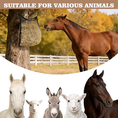 2 Pack Slow Feed Hay Nets for Horses, Goats and Cattle | Durable nylon slow-feeding bags hold forage for horses, goats, and cattle in stalls, paddocks, trailers, and stables.