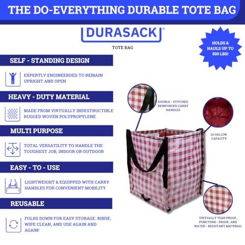 DURASACK Heavy Duty Storage Tote Bag 22-Gallon, Gingham Red, Pack of 4 | Moving Bag Utility Tote for Laundry, Moving & Home Storage, Reusable Self-Standing Design, Holds up to 500 Pounds - color: Gingham Red, size: Pack of 4