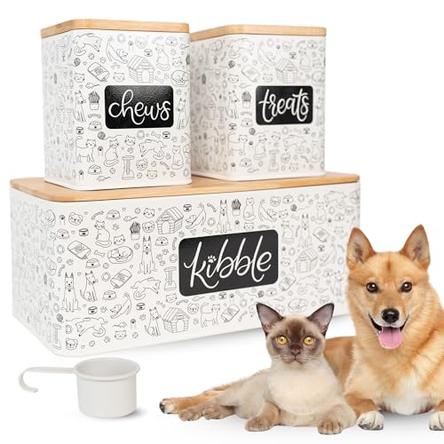 A&N Essentials 3-Piece Pet Food Storage Container Set – Airtight Galvanized Steel with Bamboo Lids – Holds Up to 6 lbs Kibble & 6 Cups Treats for Dogs & Cats