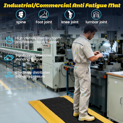 15/16" Anti Fatigue Mats Industrial,Thick Heavy Duty Commercial Grade Ergonomic Standing Mat 1.67' x 4'- Black/Yellow for Workshop, Garage,Sponge Base to Relieve Back & Leg Pain