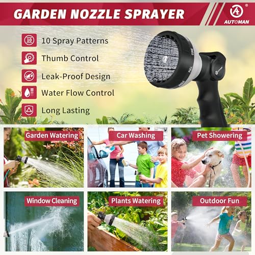 AUTOMAN Garden Hose Nozzle Sprayer - 10 Spray Patterns, 2 Pack Thumb Control Water Hose Nozzle Outdoor, Heavy Duty Spray Nozzles for Watering Garden, Cleaning Window, Washing Car, Showering Pets - color: Black