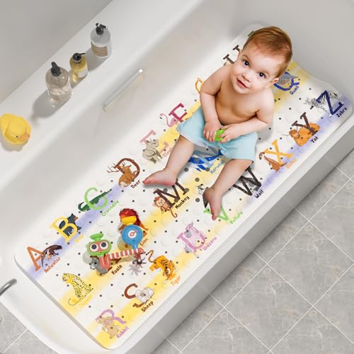 AmazerBath Baby Bath Mat Non Slip, Cartoon Kids Bath Mat for Tub 40 x 16 Inches Full Size Shower Stall Mats - Alphabets & Animals - color: Alphabets & Animals, size: 40" x 16" (Rectangular)