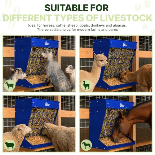 Wall Mount Hay Rack And Hay Feeder For Goats Sheep And Horses, Covered Galvanized Steel Goat Hay Feeder With Hinged Roof, 25 Gallon 2-In-1 No Waste Hanging Holder Grain Bin with hook For Cattle - color: Blue