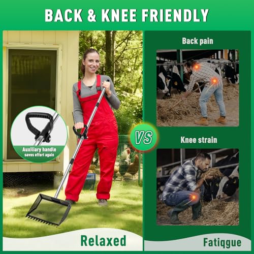 Large Chicken Poop Scooper: 2-in-1 Metal Pooper Scooper & Rake Adjustable 62" Long Handle Stainless Steel Sand Sifting Litter Shovel Chicken Coop Scoop Cleaning for Bedding Goats Bright Black - color: Bright Black