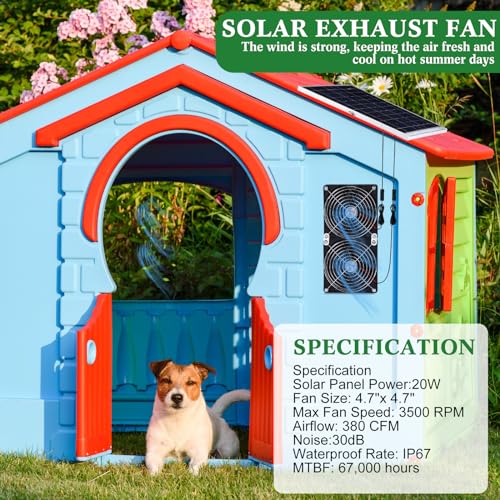 Glooglitter 20w Solar Powered Fan Kit for Chicken Coop IP67 Waterproof Dual Solar Greenhouse Fan 3500 RPM High Speed Exhaust Fan with 10ft Cable for Shed Pet House Window Outside Inside(1 Set)