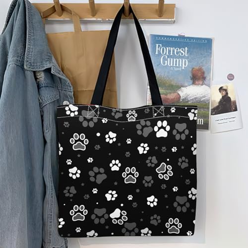 Canvas Tote Bag for Women，Cute Heavy-Duty Shoulder Bag with Zipper Pocket -Travel Tote for Grocery, Gym,Shopping - color: Dog Paw Print and Star