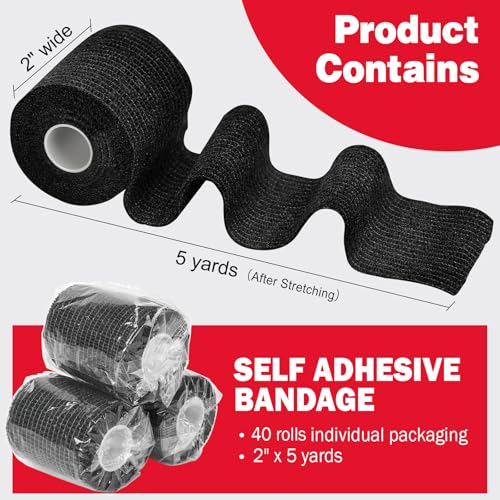 AZEN 40 Pack Self Adhesive Bandage Wrap Black, 2" X 5 Yards Black Athletic Tape, Vet Wrap, Tattoo Grip Tape Wrap，Ankle Tape, Cohesive Bandage Wrap - color: Black, size: 2IN - 40Pack
