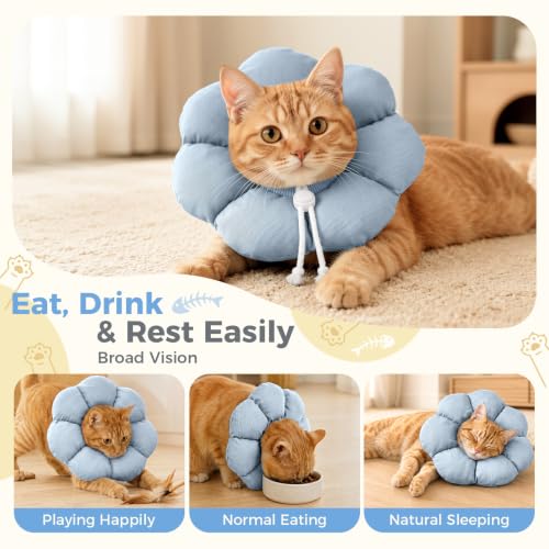 Avont Soft Cat Cone S Grayishblue Post-Surgery Anti-Lick Adjustable | Grayishblue S, Neck 5.9-9.8", Anti-Lick, Breathable, Lightweight, Soft Cotton, Adjustable Drawstring - color: Grayishblue, size: S (5.9" – 9.8")