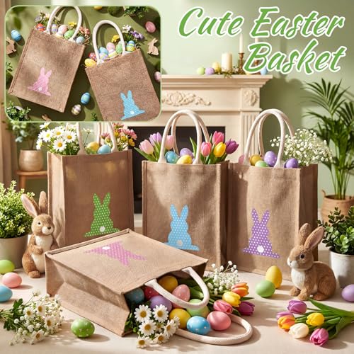 Honeydak 4 Pcs Easter Baskets for Kids Bunny Burlap Easter Tote Gift Bags with Handle Jute Stripe Rabbit Gift Bags for Kids Egg Hunt Game Spring Party Supplies - style: Polka Dot Bunny