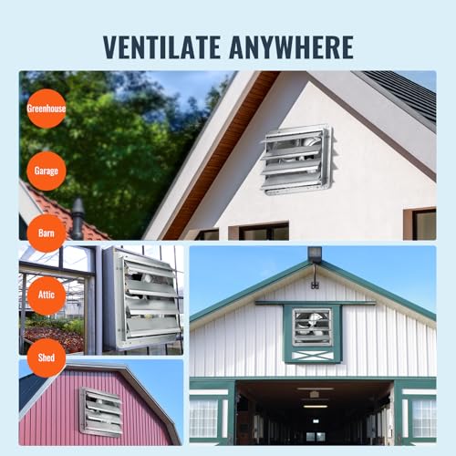 VEVOR 16 Inch Shutter Exhaust Fan Wall Mounted Automatic Louvers Silver, Sturdy Steel Housing, 2438 CFM Low Noise, AC Motor, Ventilation and Cooling for Attic, Garage, Barn, Greenhouse, Workshop - size: 16 Inch