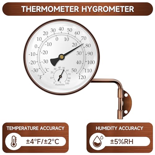 4 Inch Brass Outdoor Thermometer & Humidity Gauge, Analog Dial | Weatherproof Window Thermometer Hygrometer, °F/°C Dual Scale Battery Free, Adjustable Swivel Bracket for Patio, Greenhouse