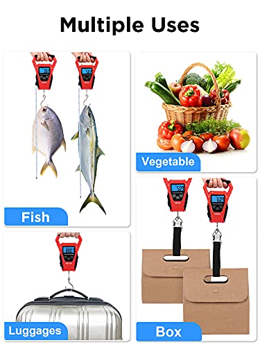 HEETA Waterproof Fish Scale Digital Hanging Fishing Luggage Weight Scale | Up 110lb/50kg Portable Scale with Backlit LCD Display, for Home & Outdoor, Measuring Tape and 2 AAA Batteries Included - color: Red