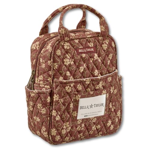 Bella Taylor Lunch Tote, Quilted Lunch Bag, Burgundy Floral | Lightweight quilted cotton lunch box, easy-to-clean PEVA lining, 3 outside/1 inside pocket, durable construction - color: Burgundy Floral