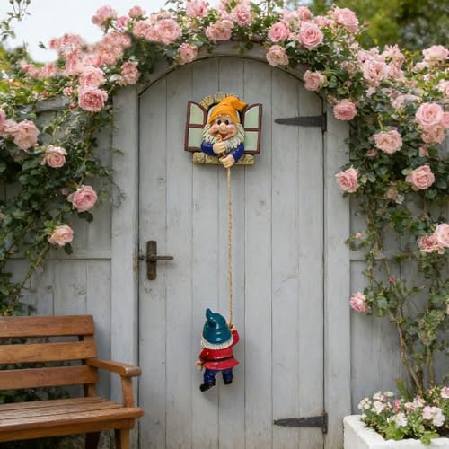Gnome Statue of a Gnome Climbing a Rope with Glow-in-the-Dark Feature, Wall Decoration (Yellow) - color: Yellow