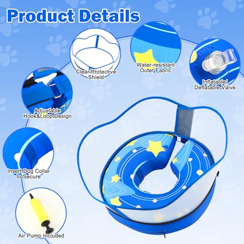 EMUST Inflatable Dog Cone Collar with Removable Clear Protective Shield | Dog Donut Collar After Surgery for Small/Medium/Large Dogs, Soft Puppy Cone Alternative After Surgery(Blue, Large) - color: Blue, size: L (Neck 13"-15")
