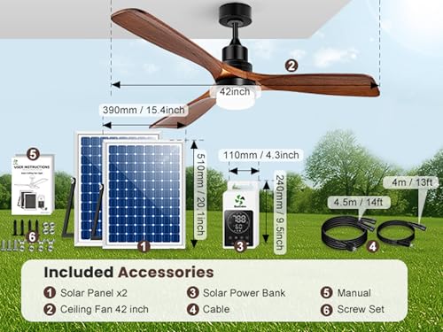 Solar Ceiling Fan for Gazebo 42" with Battery and Smart Thermostat | Solar Powered Outdoor Fans, 2PCS 30W Bifacial Panels, Built-in Light, for Barn, Patios, Stable, Adjustable Temp Control - size: 42 inch