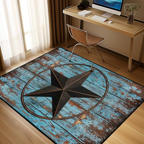 Western Area Rug 4x6,Rustic Barn Texas Star on Old Wooden Plank,Teal Carpets for Living Room,Ultra-Thin Washable Throw Rugs Indoor Non Slip Accent Floor Mats for Bedroom,Dining Room,Laundry Room - size: 4'x6'