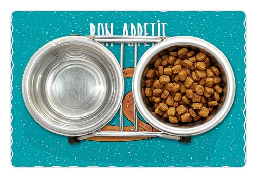 Lunarable Bon Appetit Pet Mat for Food and Water, Pretzel Design Bon Appetit Lettering Hand Drawn Cartoon Food Words, Non-Slip Rubber Mat for Dogs and Cats, 18" X 12", White Brown - color: White Brown